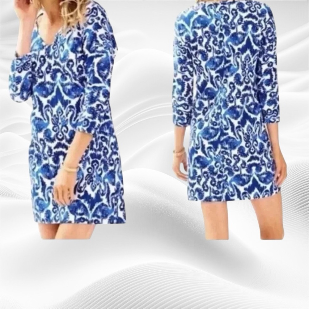 Lilly Pulitzer Cori Dress Sz Med Beach Bathers Blue Flamingos EUC